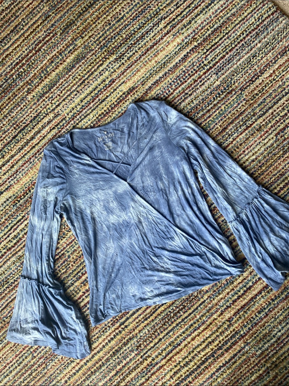 American Eagle Outfitters Dusty Blue Tie-dye Wrap Bell-Sleeve Top
